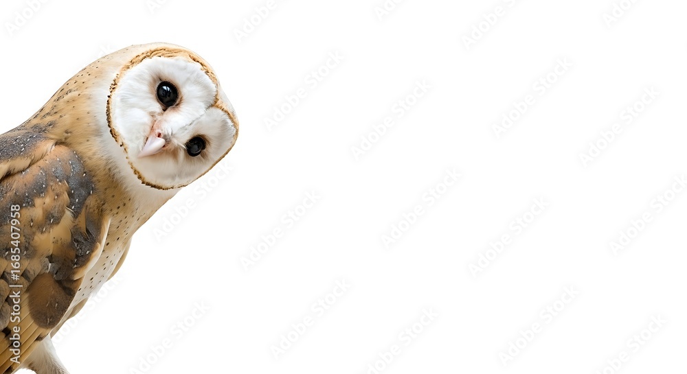 Obraz premium Close up of a barn owl looking to the side against a white background