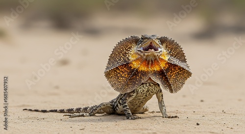 frilled lizard with frill extended in open sandy ground