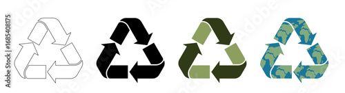 Four recycling symbol variations including outline, black, green, and earth-patterned versions. Different environmental awareness and sustainability messaging approaches. Recycling symbol icons set. 