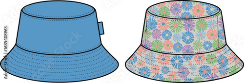 Flat vector cad drawing of bucket hat design, solid and floral print, front view, fashion accessory illustration, technical clothing sketch