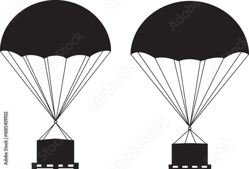 Two cargo parachutes descending with boxes silhouette