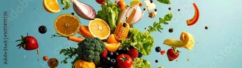 Colorful explosion of healthy fruits, vegetables, berries and spices flying on light blue background.