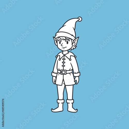 A charming line art illustration depicts a friendly standing elf character wearing traditional festive attire, perfect for holiday-themed designs and children's projects.