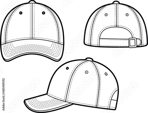 Flat vector CAD illustration of baseball cap with buckle closure, front, back, and side views for fashion design mockup
