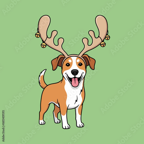 A happy cartoon dog, resembling a Jack Russell Terrier, joyfully wears festive reindeer antlers adorned with jingle bells, creating a charming holiday illustration.