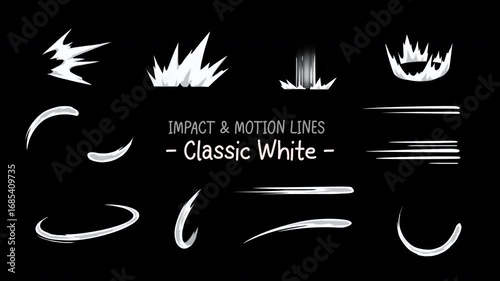 Set 1 of Anime Style Impact Burst and Speed Line Effects, dynamic motion swoosh woosh swipe, streaks, slash swing arcs, transparent background, alpha channel