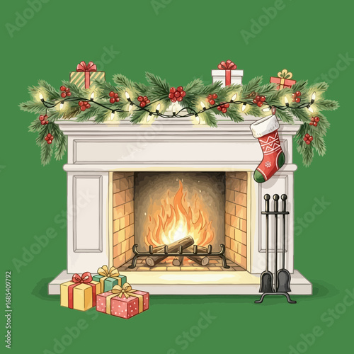 A beautifully decorated Christmas fireplace with a warm crackling fire, festive garland, holiday gifts, and a cozy stocking, perfect for seasonal celebrations.
