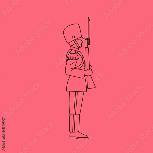 A minimalist line art illustration depicts a historical ceremonial guard soldier standing at attention, holding a bayoneted rifle against a vibrant background.