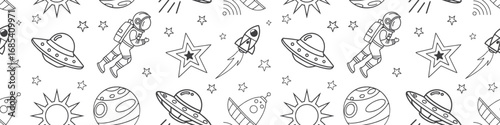 Seamless outer space pattern with astronaut, UFO, rocket, planet, and star in simple outline art. Modern galaxy wallpaper for fabric, print, and digital design. Futuristic astronomy background