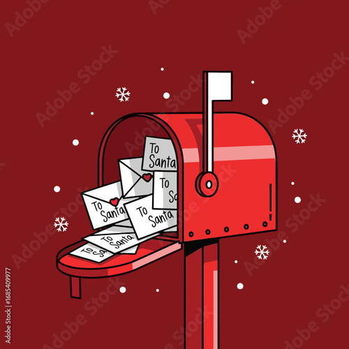 A vibrant red mailbox overflowing with white letters addressed to Santa Claus, set against a festive snowy background.