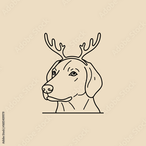 A charming minimalist line art illustration depicts a friendly dog wearing whimsical reindeer antlers, perfect for festive holiday designs and seasonal greetings.