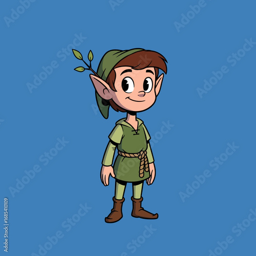 Cheerful cartoon elf, green attire, pointed ears, sprig of leaves.