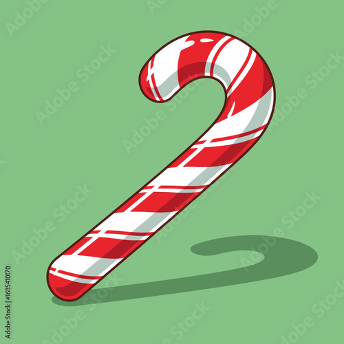 A cartoon illustration of a classic red and white striped Christmas candy cane casting a shadow on a green background.