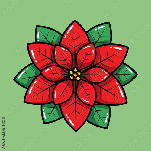 A vibrant, stylized illustration of a red poinsettia flower with green leaves, set against a solid light green background, showcasing its iconic star-shaped bloom.
