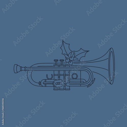 A line drawing of a trumpet is decorated with holly leaves and berries, set against a blue background.