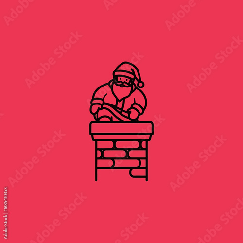 Stylized line art illustration of Santa Claus descending a brick chimney, ready for Christmas Eve festivities.