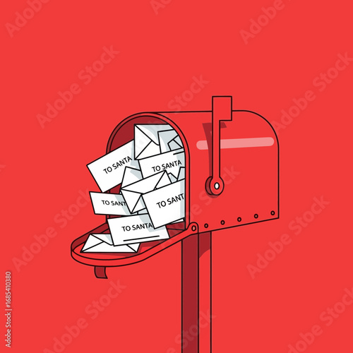Red mailbox overflowing with letters addressed to Santa Claus.