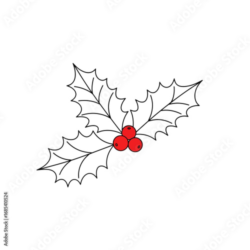 Minimalist line art illustration of three holly leaves with bright red berries, representing festive winter holidays.