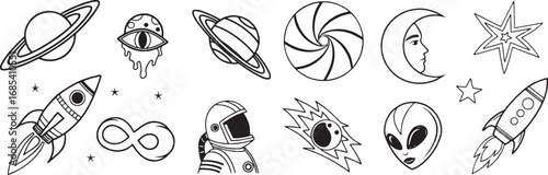 Seamless doodle pattern with astronaut, alien, rocket, moon, and planets in hand-drawn outline style. Space themed vector background for fabric, wallpaper, and digital art. Modern astronomy 