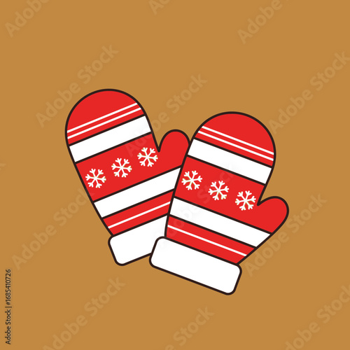Pair of festive red and white striped winter mittens with snowflake patterns.