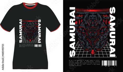 Black T-Shirt with Samurai Warrior Graphic and Red Accents
