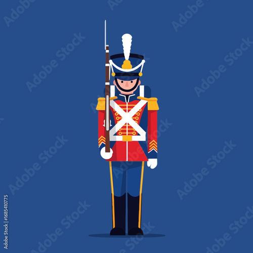 A stylized illustration of a toy soldier in a traditional military uniform, standing at attention with a rifle.
