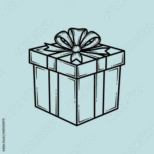 A stylized, outlined illustration of a square gift box tied with a decorative ribbon and bow.