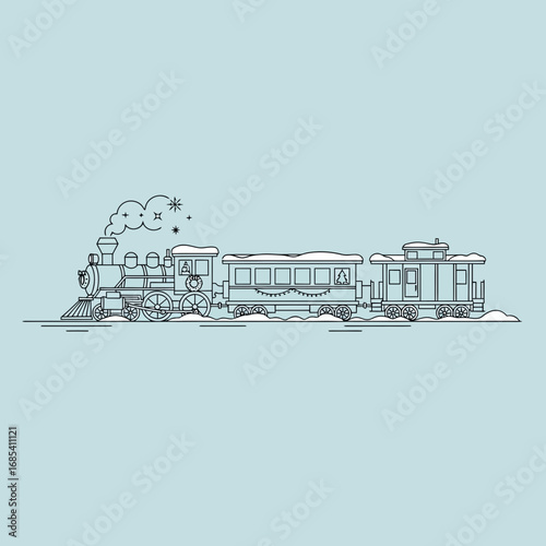 A charming, stylized illustration of a vintage steam train, adorned with festive garlands and covered in a dusting of snow, traveling through a winter landscape.