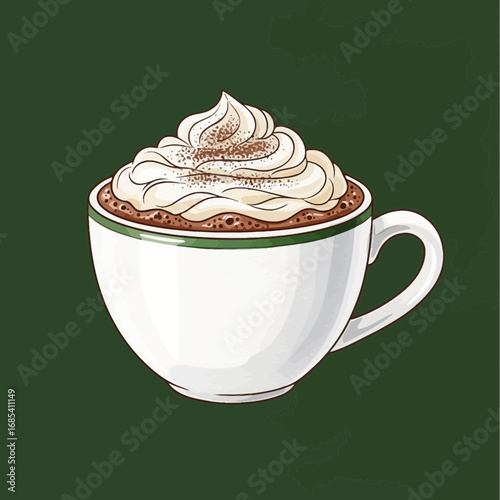 A steaming mug of rich hot chocolate topped with a generous swirl of whipped cream and a dusting of cocoa powder, presented against a dark green background.
