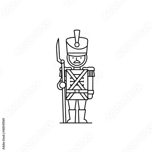 Stylized illustration of a toy soldier in uniform holding a spear, depicted with clean lines and a simple outline.