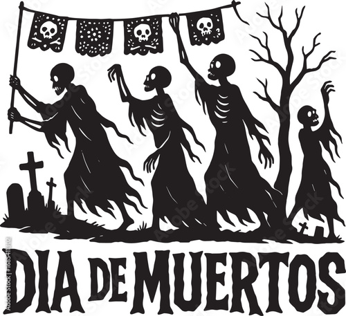 Silhouette of Dia de Muertos skeletons parading through a graveyard.