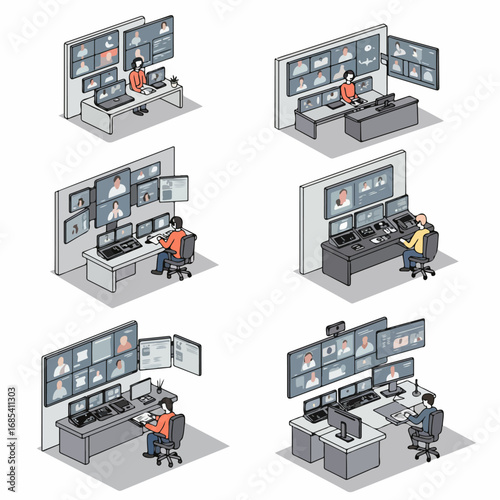 Remote Work and Control Room Isometric Illustrations: People Managing Multiple Screens for Virtual Meetings and Monitoring.