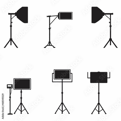 Diverse collection of studio lighting equipment silhouettes, featuring softboxes and LED panels on stands for professional photo and video shoots.