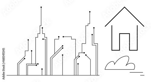 Abstract city buildings featuring circuit-thumbs up connections beside a simplistic house and cloud outline. Ideal for technology, urban planning, innovation, architecture, IoT, smart homes