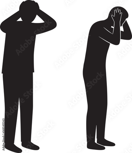 Two figures in silhouette holding their heads in despair silhouette