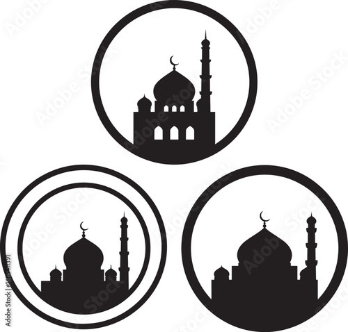 Three circular islamic mosque silhouettes