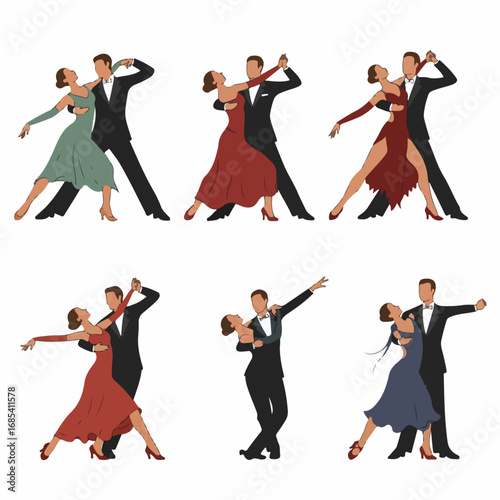 Elegant couples performing diverse ballroom and Latin dances, depicted in stylish vector illustrations, perfect for dance studios, events, and formal occasions.