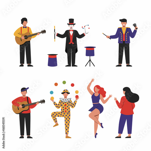 Diverse street and stage performers illustration: musicians, magicians, clowns, and dancers showcasing various entertainment acts in a vibrant collection.
