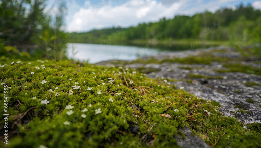 Fototapeta premium Vibrant Green Moss Productivity by the Lakeside in Nature
