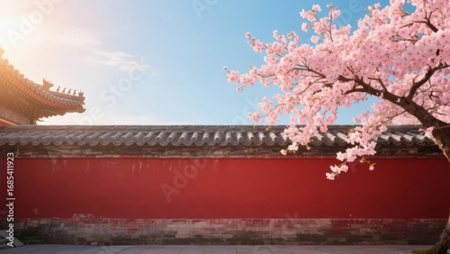 Cherry Blossoms in Bloom Against a Traditional Red Wall and Blue Sky