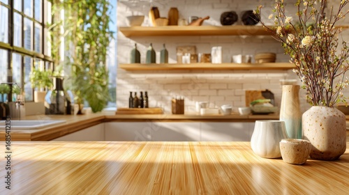 Unique wooden countertop in a modern naturally lit kitchen, evoking a sense of calm, minimalism and natural living. Great for product mockup, lifestyle promo and interior design inspiration