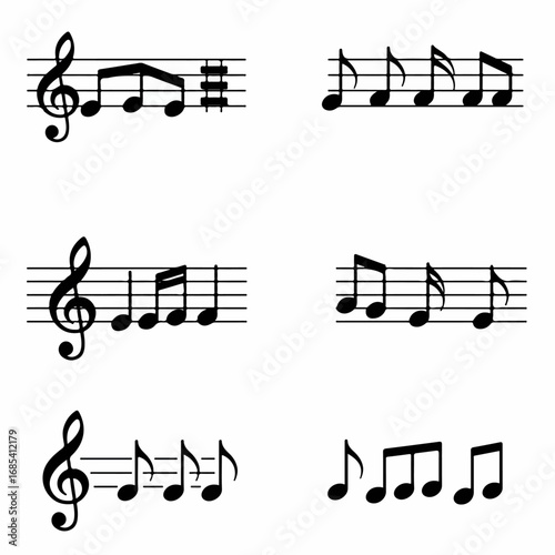 Black and White Musical Notation Elements: Treble Clefs, Notes, and Staves. A vector illustration representing various music symbols for melody and harmony.