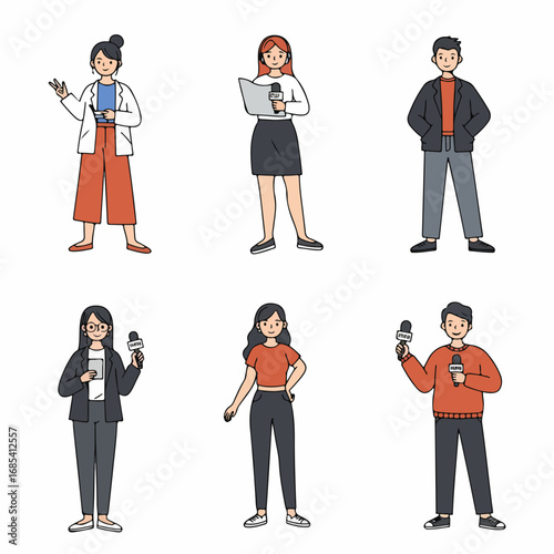 Cartoon illustration of diverse journalists, reporters, and media professionals covering news and communication events.