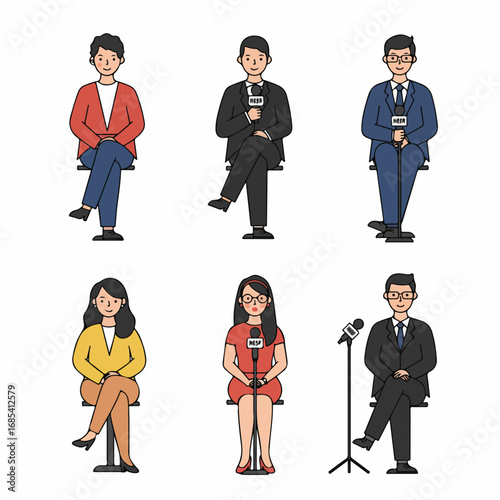 Diverse group of cartoon business people and media professionals seated, representing interviews, news, and public speaking in a clean, vector illustration style.