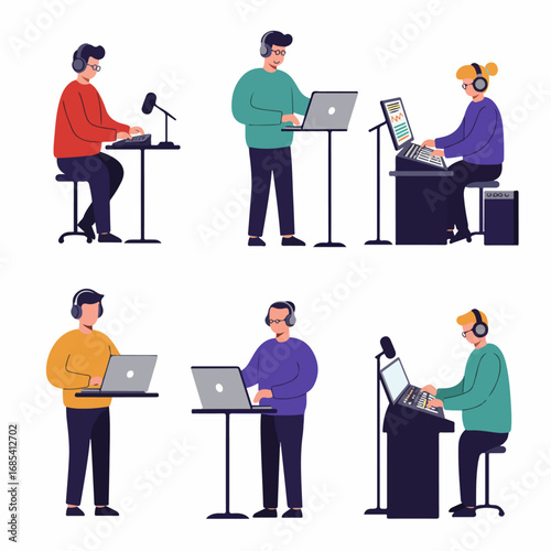 Illustrations of diverse people engaged in music production, DJing, podcasting, and audio engineering with headphones, laptops, and studio equipment.