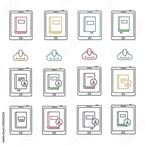 Digital Library: A grid arrangement of vibrant tablet devices showcases a collection of books, inviting readers to explore a world of knowledge and connect with the realm of imagination and learning.