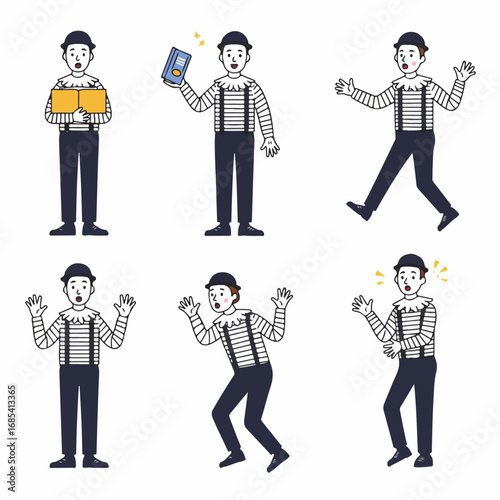 Mime character in various poses showing emotions like surprise, discovery, and action for performance and communication concepts.