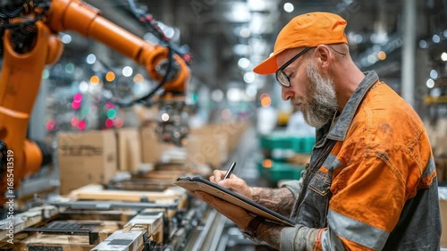 Skilled factory worker wearing safety gear and orange cap inspecting production line with robotic arms in modern manufacturing environment