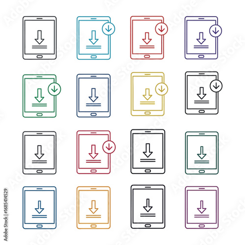 Digital Download Icon Set: An array of vividly colored tablet icons, each adorned with a minimalist download arrow, symbolizing effortless access and data transfer in the digital realm.