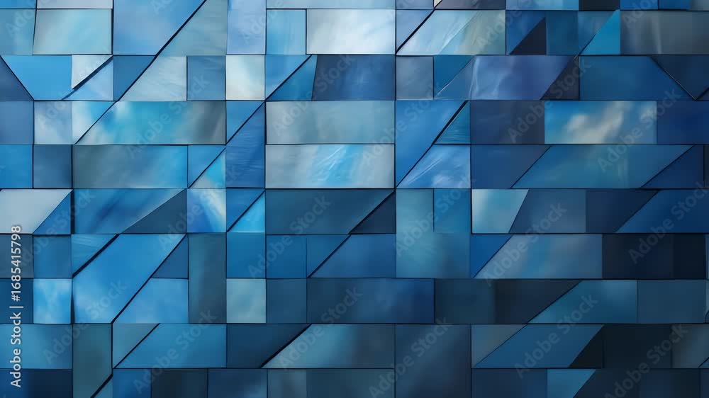 A textured mosaic of blue geometric shapes and abstract patterns